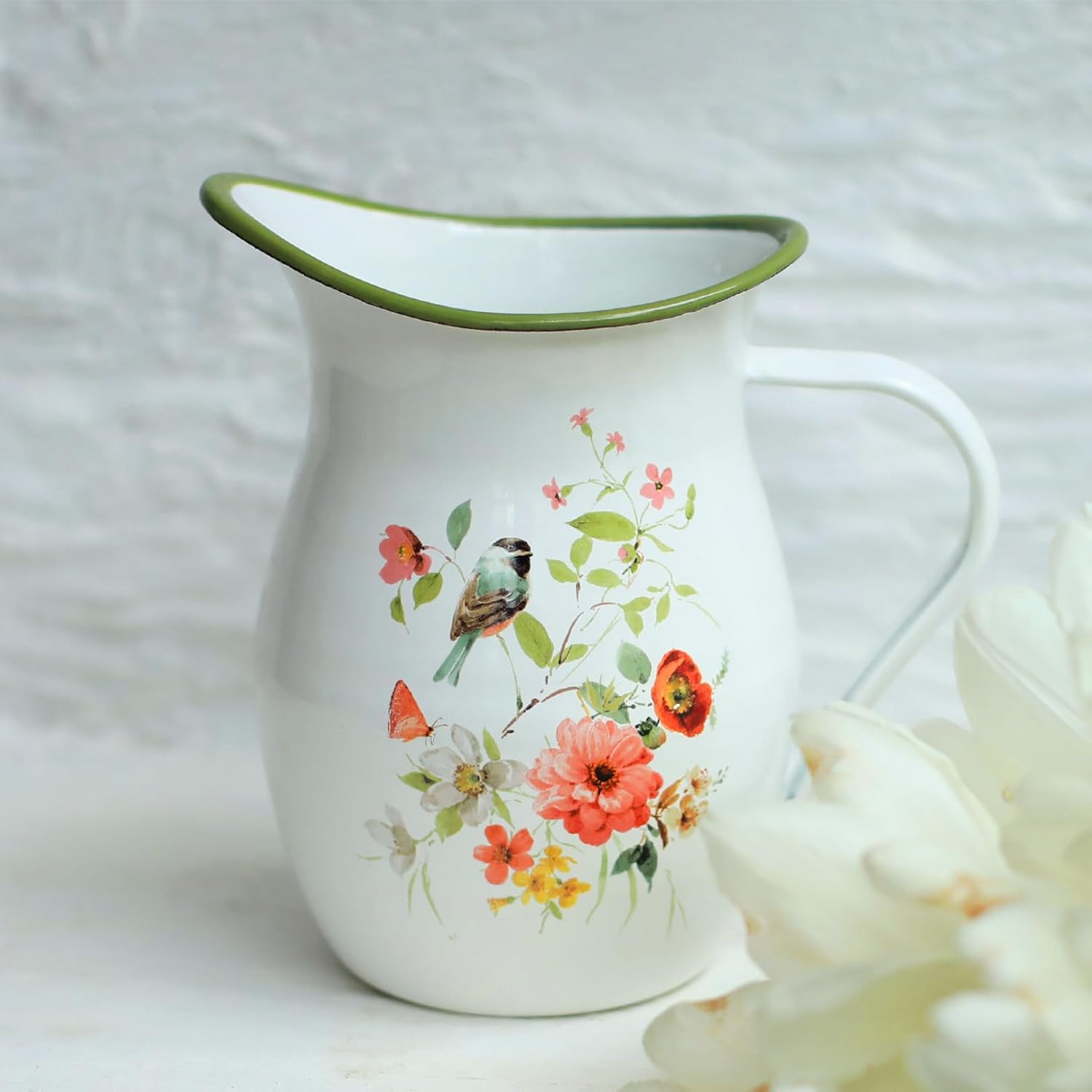 Enamel Pitcher with Wide Handle Vintage Metal Farmhouse Pitcher Vase Flower Decoration for Tabletop, Office, Home, Gift and Iced Tea, Coffee, Cold Drinks