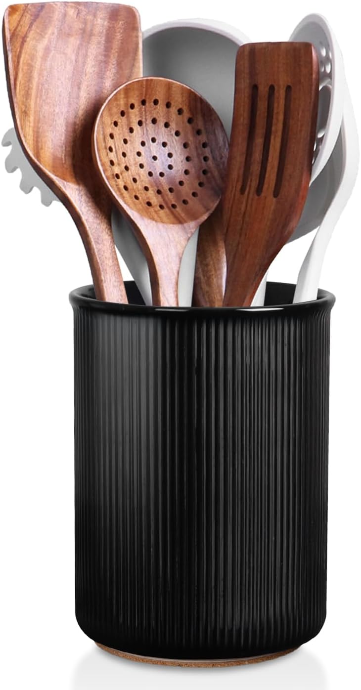 LoeJan Utensil Holder, 6.7" Utensil Crock, Stable Ceramic Utensil Organizer, Cooking Tool Organizer Set for Kitchen Counter Farmhouse Decor