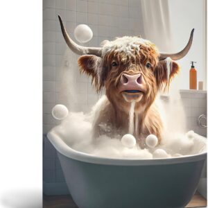 UPWOIGH Funny Highland Cow Wall Art in Bathtub, Colorful Canvas Cow In Bathroom Picture, Humor Animals Bathroom Artwork Prints Rustic Farmhouse Style Wall Decor Ready To Hang for Living Room, Bathroom, Bedroom, Kids Bathroom Decor (12"x16", Framed)