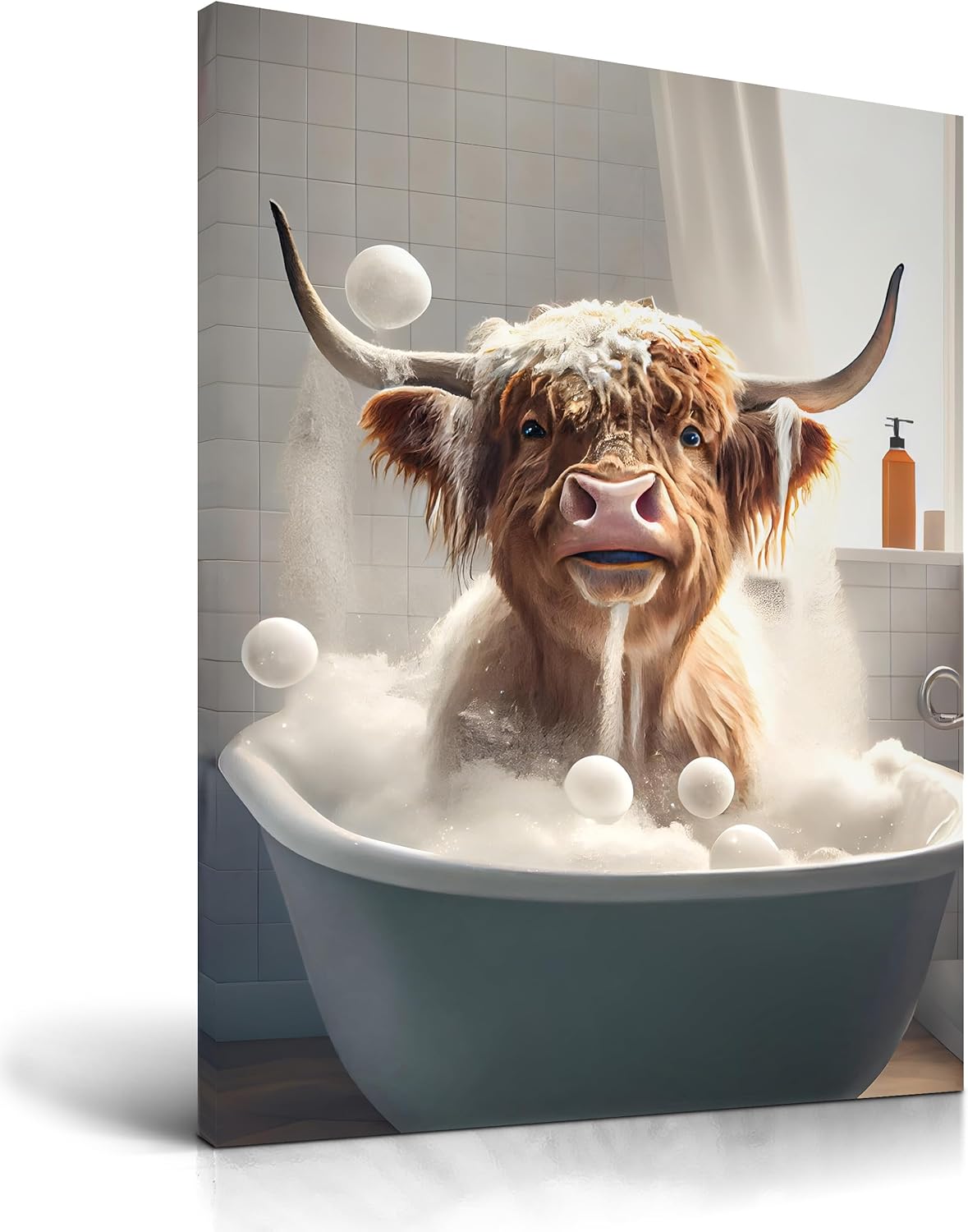 UPWOIGH Funny Highland Cow Wall Art in Bathtub, Colorful Canvas Cow In Bathroom Picture, Humor Animals Bathroom Artwork Prints Rustic Farmhouse Style Wall Decor Ready To Hang for Living Room, Bathroom, Bedroom, Kids Bathroom Decor (12"x16", Framed)