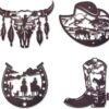 Ecqizer Western Wall Decor Set of 4  Rustic Brown Metal Cowboy Wall Art with Horseshoe, Boot & Skull | Country Western Decor for Home, Bedroom, Living Room & Bathroom (A)
