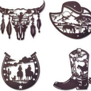 Ecqizer Western Wall Decor Set of 4  Rustic Brown Metal Cowboy Wall Art with Horseshoe, Boot & Skull | Country Western Decor for Home, Bedroom, Living Room & Bathroom (A)