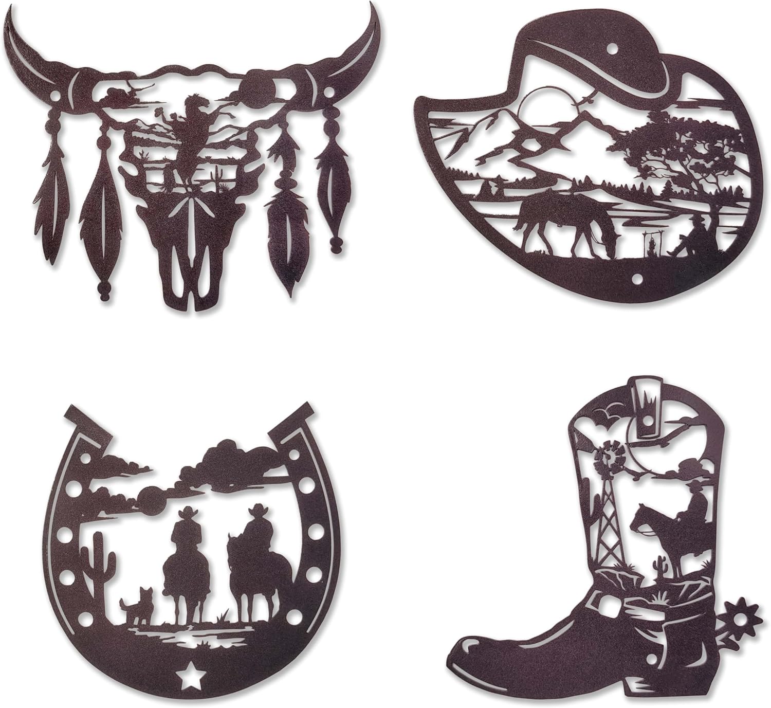 Ecqizer Western Wall Decor Set of 4  Rustic Brown Metal Cowboy Wall Art with Horseshoe, Boot & Skull | Country Western Decor for Home, Bedroom, Living Room & Bathroom (A)