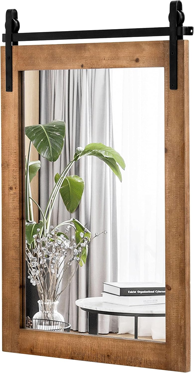 Tangkula Rustic Farmhouse Wall Mirror, 22 x 30 Inch, Barn Door Style with Wood Frame & Metal Bracket, Wall-Mounted Decorative Mirror for Bathroom, Living Room, Entryway