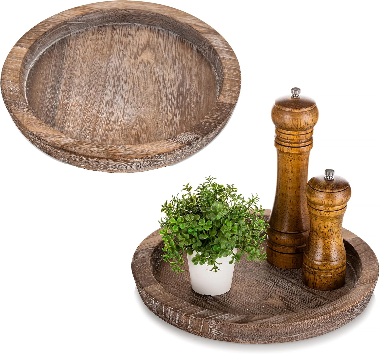 Hanobe Rustic Wooden Serving TraySet of 2 Round Wood Butler Decorative Tray Vintage Centerpiece Candle Holder Trays Farmhouse Ottoman Tray for Kitchen Countertop Home Decor for Coffee Table