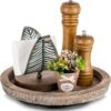 Turntable Rustic Wooden Serving Tray: Hanobe Round Wood Decorative Vintage Centerpiece Candle Holder Trays Farmhouse Ottoman Tray with Turn Table for Kitchen Countertop Coffee Table