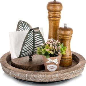 Turntable Rustic Wooden Serving Tray: Hanobe Round Wood Decorative Vintage Centerpiece Candle Holder Trays Farmhouse Ottoman Tray with Turn Table for Kitchen Countertop Coffee Table