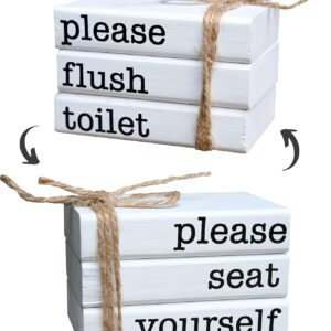 Farmhouse Mini Bathroom Sign Funny Wooden Book Stack for Tray Decor Shelf Sitter 2 Signs in 1 Reversible Mini Book Set of 3 for Restroom Rustic Sign