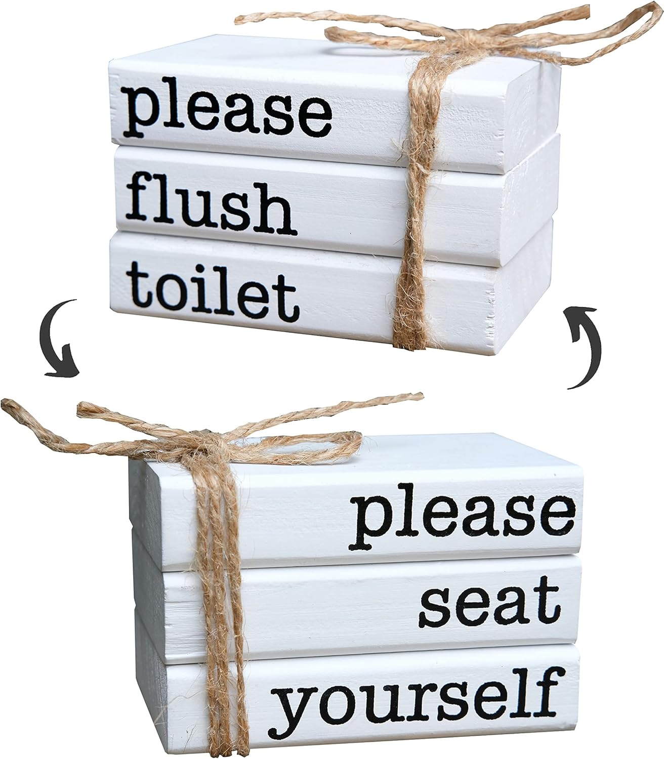 Farmhouse Mini Bathroom Sign Funny Wooden Book Stack for Tray Decor Shelf Sitter 2 Signs in 1 Reversible Mini Book Set of 3 for Restroom Rustic Sign