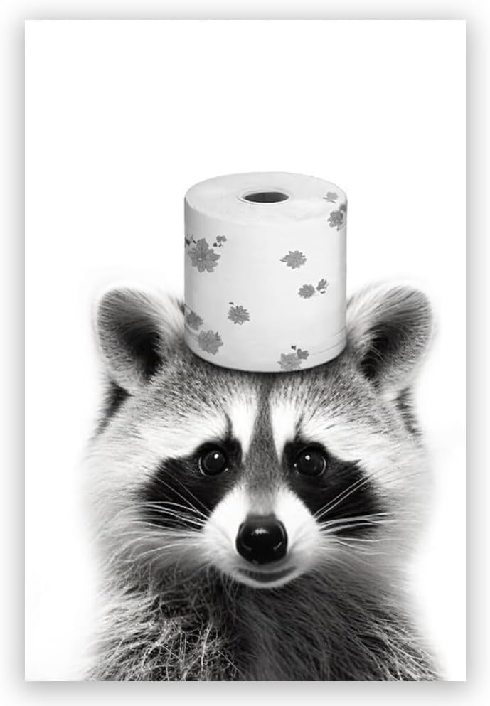 Funny Bathroom Wall Art Cute Raccoon Wall Prints Black and White Canvas Print Farmhouse Wall Decor Ready to Bathroom Restroom Wall Decor Unframed8x12inch
