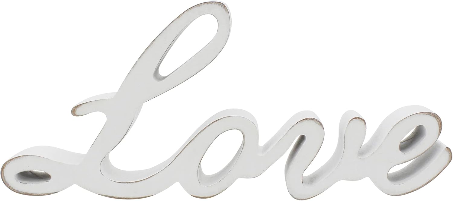 CVHOMEDECO. Rustic Vintage Distressed White Wooden Words Sign Free Standing Love Tabletop/Shelf/Home Wall/Office Decoration Art, 10-1/4 x 4-1/2 x 1 Inch