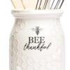 Young's Inc. Bee-Themed Kitchen Utensils - Ceramic Jar Holder with 3 Wood Utensils - 4" L x 4" W x 7" H - Farmhouse Kitchen Decor