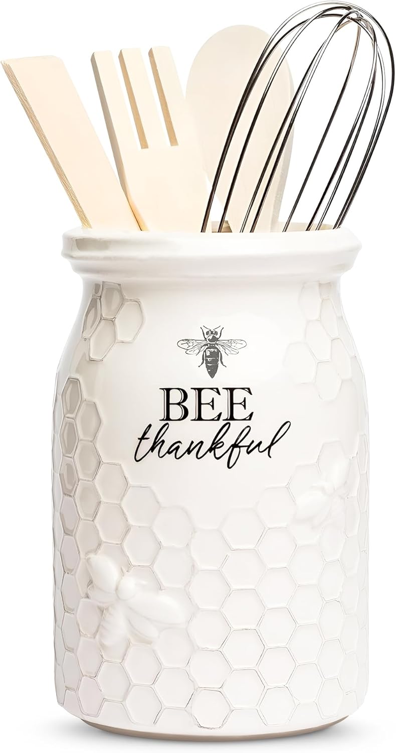 Young's Inc. Bee-Themed Kitchen Utensils - Ceramic Jar Holder with 3 Wood Utensils - 4" L x 4" W x 7" H - Farmhouse Kitchen Decor