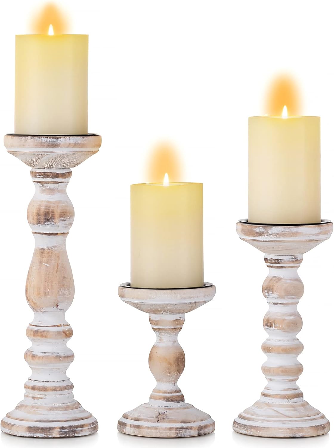 Candle Holder for Pillar Candles: Romadedi Set of 3 Decorative Wood Candlestick Holders, Rustic Wooden Candle Stand for Fireplace Mantle End Table Shelf in Farmhouse Style, Whitewashed 6, 8.3, 12