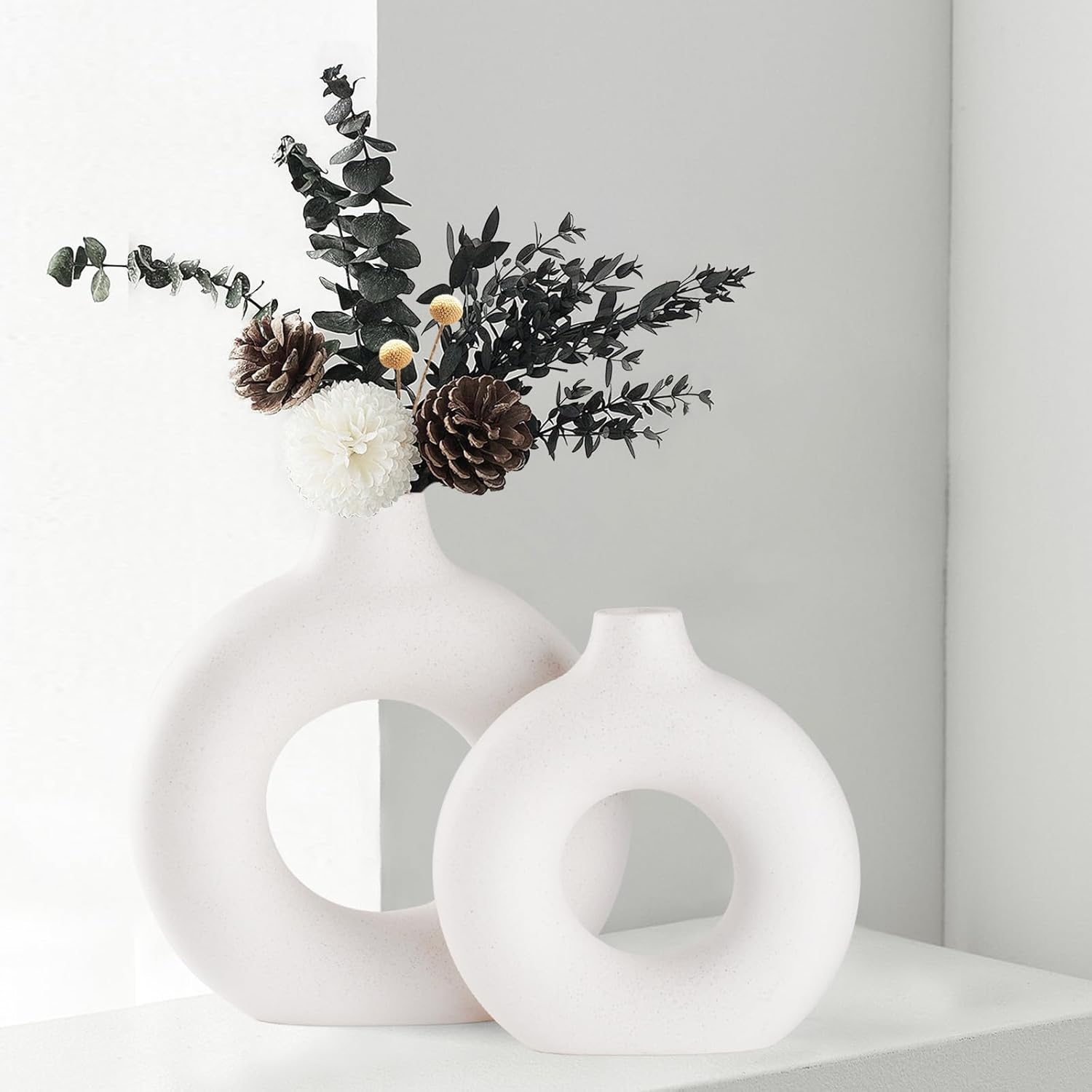 CEMABT Ceramic Vases Set of 3 Small Flower Vases for Decor, Modern Rustic Farmhouse Home Decor, Decorative Vases for Pampas Grass,Idea Shelf,Table,Bookshelf,Entryway- Distressed Decor (White, Small+Big)