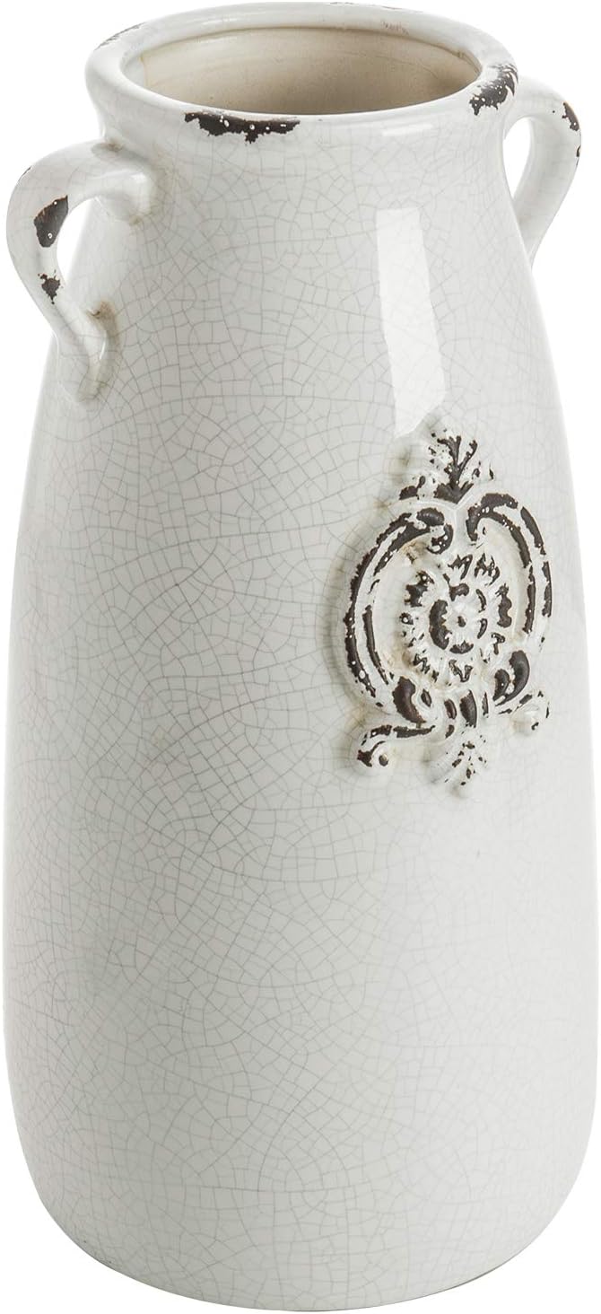 MyGift Farmhouse White Ceramic Vase with Handle and Embossed Seal Design, Antique Jug Shaped Tabletop Flower Vase, French Country Decor Antique vase