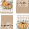 Artoid Mode Orange Eucalyptus Leaves Hello Pumpkin Fall Kitchen Towels Dish Towels, 18x26 Inch Farmhouse Give Thanks Decoration Hand Towels Set of 4