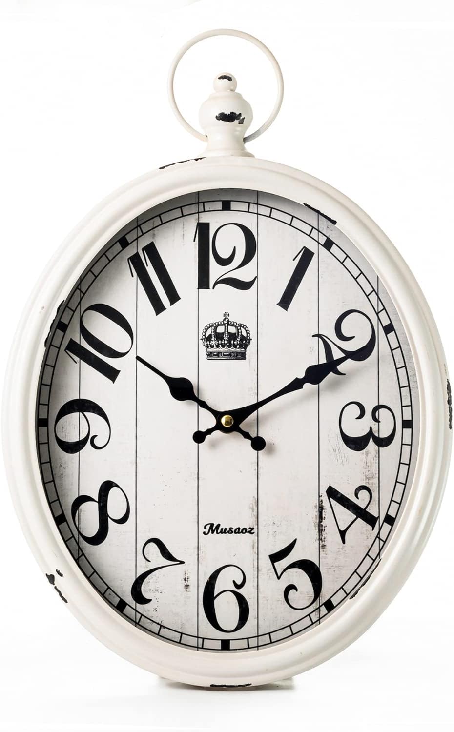Musaoz Oval Wall Clock Metal 16 inch Large Battery Operated Retro Wall Clock Old-Fashioned Antique Design Rustic Vintage Style Decor Wall Clock for Living Room Kitchen Farmhouse White