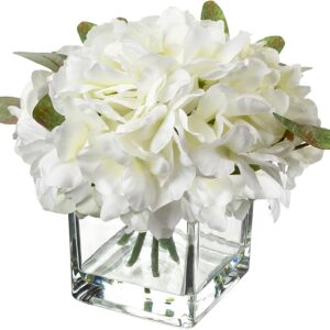 Rustic Flowers in Vase with Faux Water Artificial Hydrangea Silk Faux Flower for Farmhouse Decor Wedding Home Kitchen Decoration- White Flowers White Decor