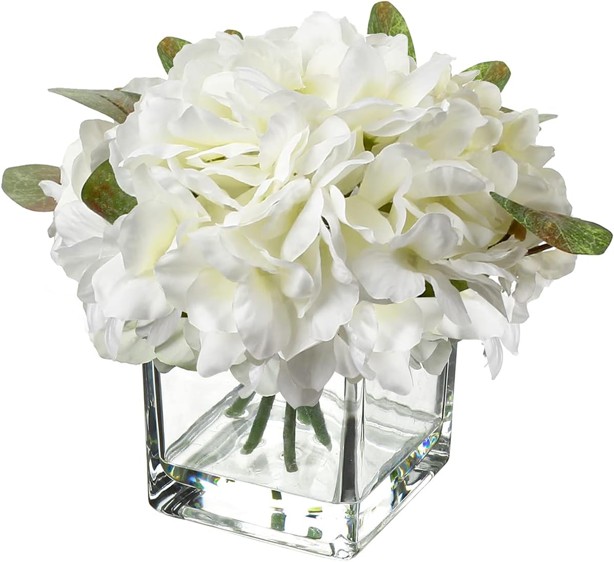 Rustic Flowers in Vase with Faux Water Artificial Hydrangea Silk Faux Flower for Farmhouse Decor Wedding Home Kitchen Decoration- White Flowers White Decor