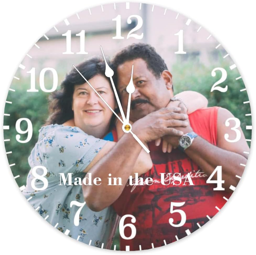 Personalized Rustic Non-Ticking Wood Clock Add Your Photo Text Image Logo Custom Round Wooden Clock for Wall 12 Inch Farmhouse Home Decor for Bedroom Living Room Kitchen Gift Idea