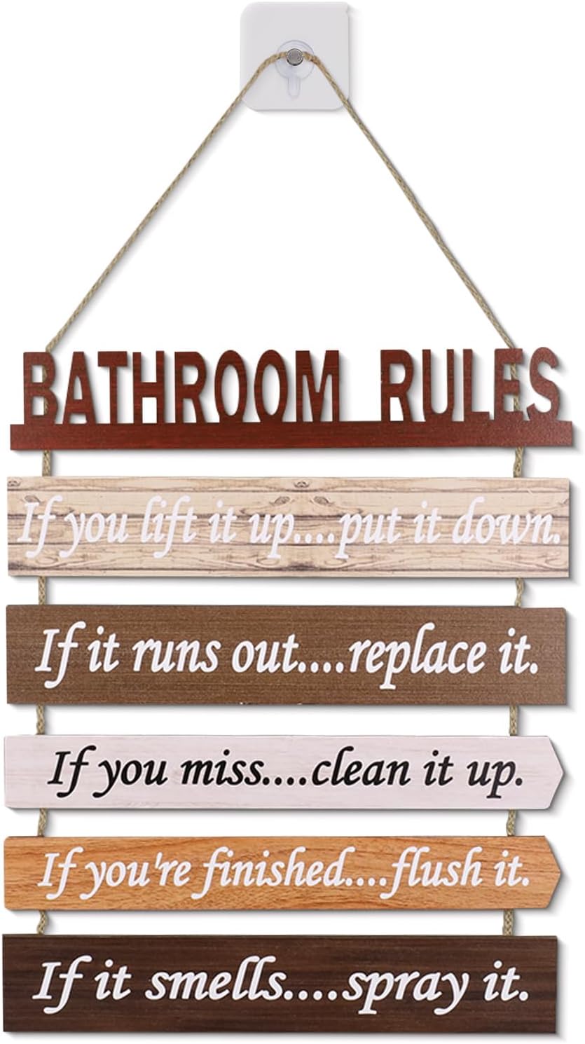 Wooden Bathroom Rules Wall Decor, Brown Bathroom Rules Sign, Rustic Wall Art for Bath, Farmhouse Decorations for Wall, Guest Restroom Decor and Accessories (Brown)