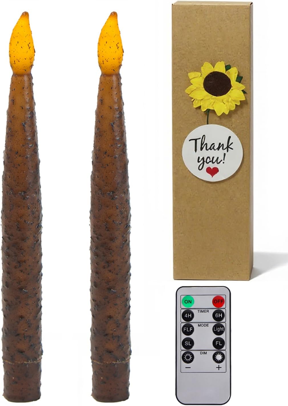 2Pcs 8inch Primitive Candles with Timer Remote Battery Operated Hand Dipped Real Wax Rustic Flameless Taper Candles with Amber Yellow Flickering Lights for Halloween Country Home Decor