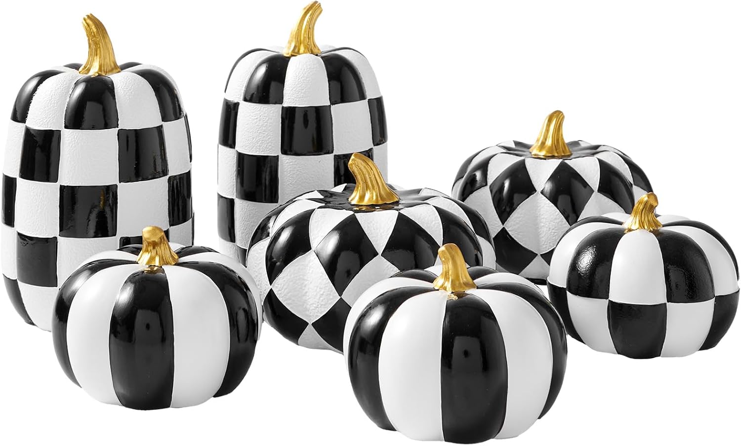 DN DECONATION 7PCS Decorative Pumpkins for Home Decor - Modern Pumpkin Decorations for Fall Farmhouse Decor - Faux White and Black Checkered Resin Pumpkins Halloween Thanksgiving Table Centerpieces