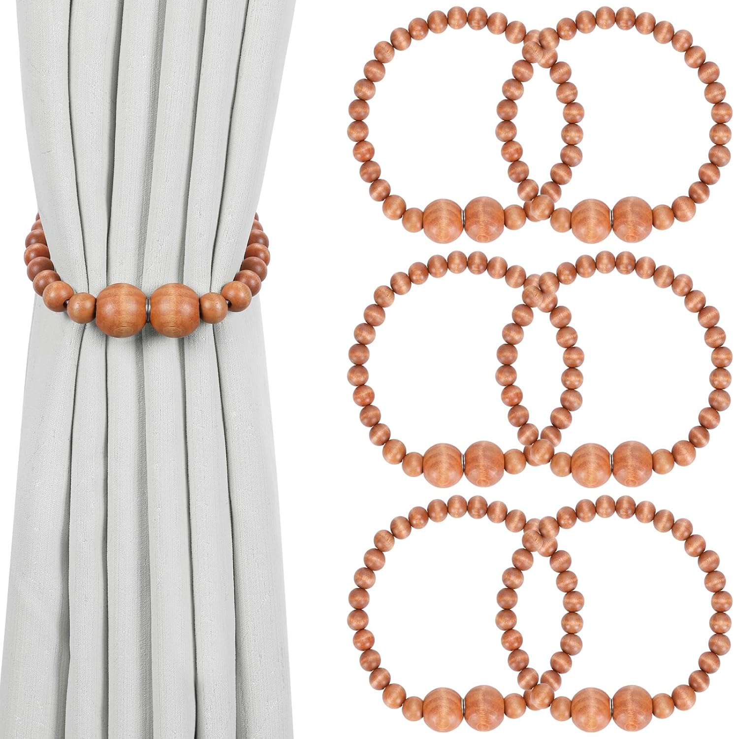 Magnetic Curtain Tiebacks, 6 Pack Curtain Holdbacks for Draperies, Wood Bead Curtain Tiebacks, Curtain Tie Backs for Bedroom Decor, Boho Room Decor, Nursery Decor, Farmhouse Decor, Office Decor