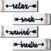 Jetec 4 Pieces Farmhouse Bathroom Decor Wall Art Soak Relax Unwind Breathe Wooden Signs with Arrow Rustic Vintage Country Bathroom Decor for Home Laundry Room(White)