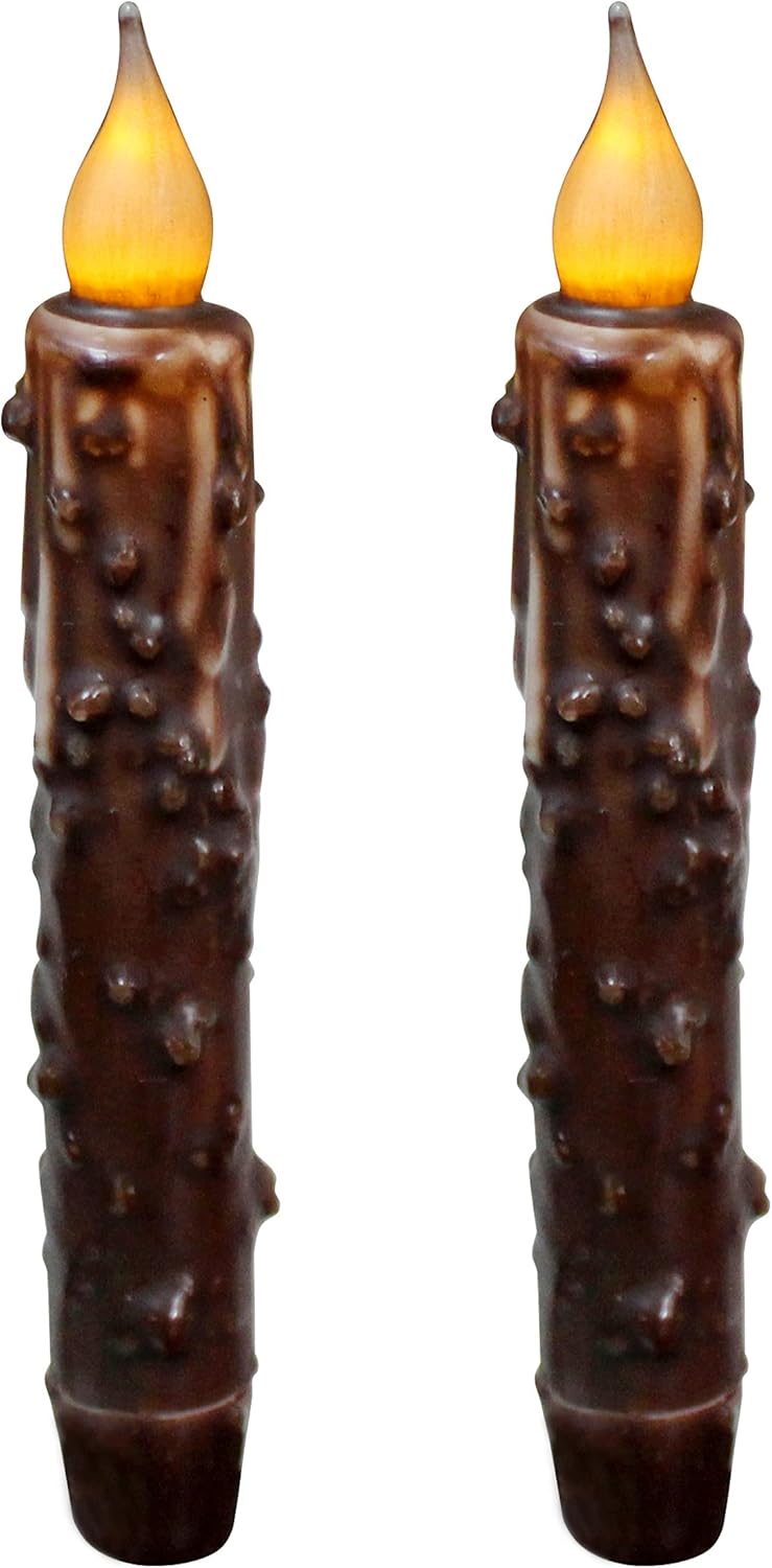 CVHOMEDECO. Real Wax Hand Dipped Battery Operated LED Timer Taper Candles Country Primitive Flameless Lights Dcor, 6-3/4 Inch, Brown, 2 PCS in a Package