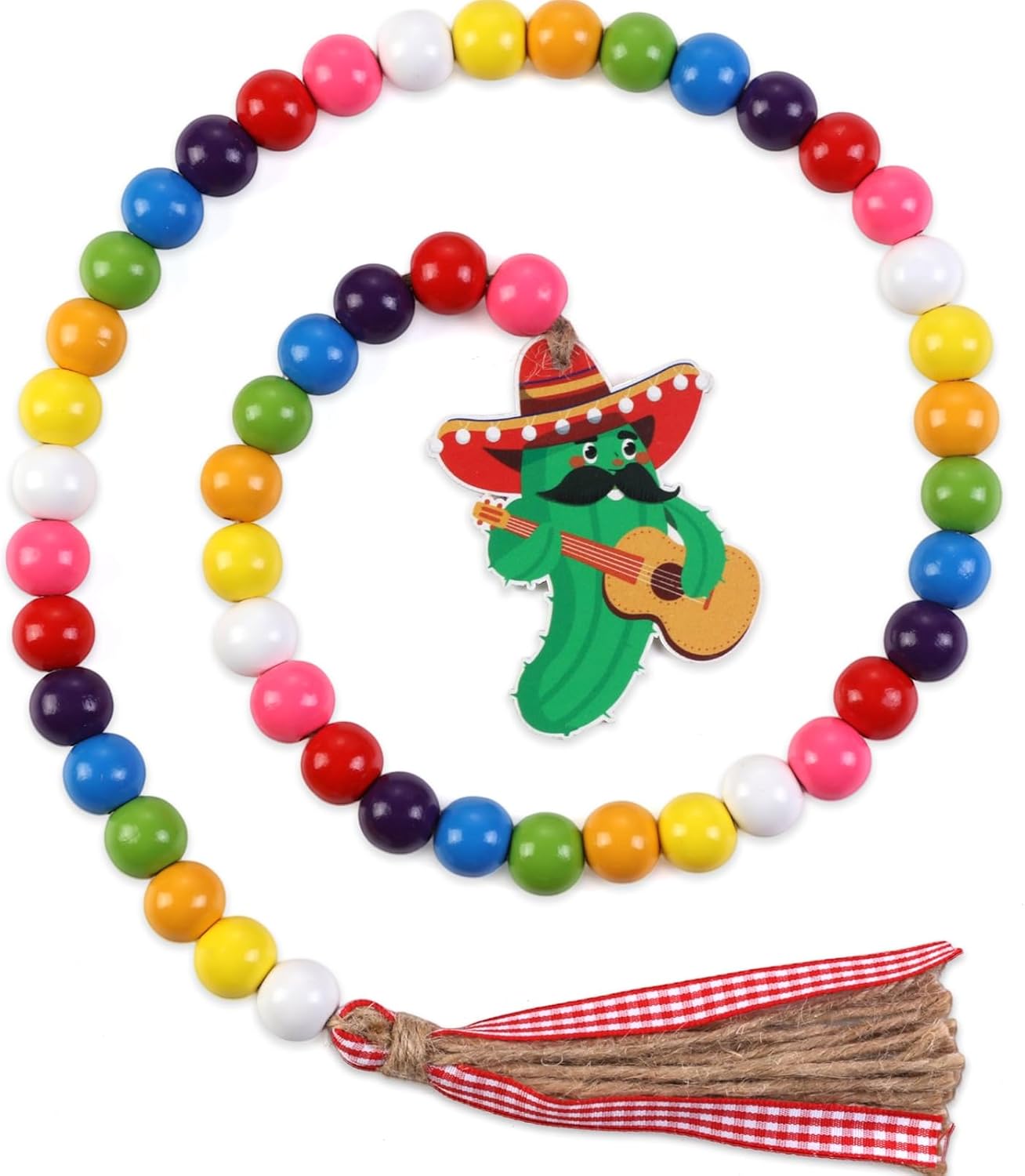 Cheerupp Mexican Fiesta Wood Bead Garland with Tassels, Cactus Decorative String Beads Home Decor, Rustic Farmhouse Beaded Garland with Jute Rope Tassel and Wooden Tag for Tiered Tray Wall Decor