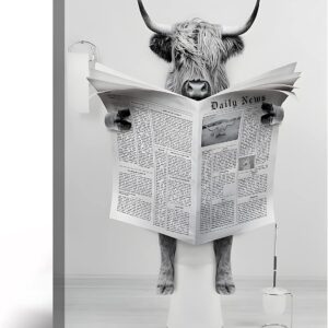 Funny Highland Cow Wall Art in Bathtub, Black and White Canvas Cow In Bathroom Picture, Humor Animals Bathroom Artwork Prints Rustic Farmhouse Style Wall Decor Ready To Hang for Living Room, Bathroom, Bedroom, Kids Bathroom Decor (12"x16", Framed)