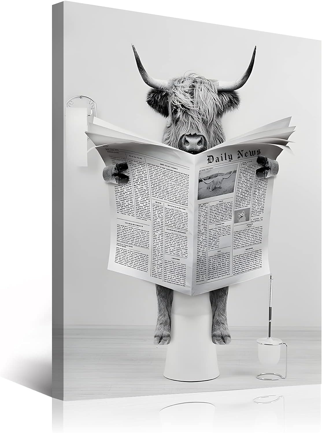 Funny Highland Cow Wall Art in Bathtub, Black and White Canvas Cow In Bathroom Picture, Humor Animals Bathroom Artwork Prints Rustic Farmhouse Style Wall Decor Ready To Hang for Living Room, Bathroom, Bedroom, Kids Bathroom Decor (12"x16", Framed)