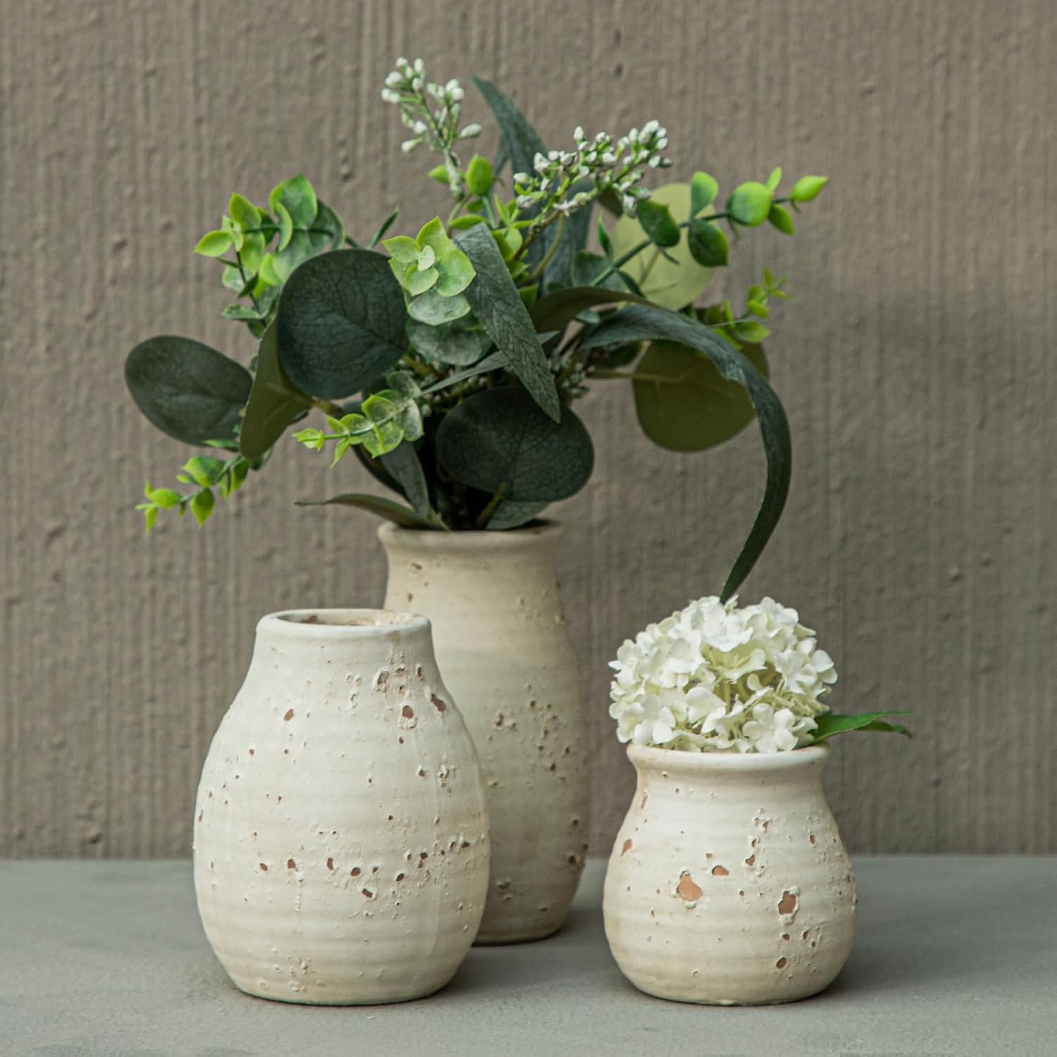 Ceramic Rustic Vase Set, Small Boho Vases for Country Home Decoration, Modern Farmhouse Decoration, Home Decorations for Living Room, Coffee Table Decor, Mantle & Shelf Decor.