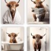 heilkee Funny Highland Cow Bathroom Decor Animal Bathroom Wall Art Brown Cattle in Bathtub Picture Rustic Farmhouse Style Posters Prints Cow in Toilet Decorations Set of 4(UNFRAMED 8x10in)