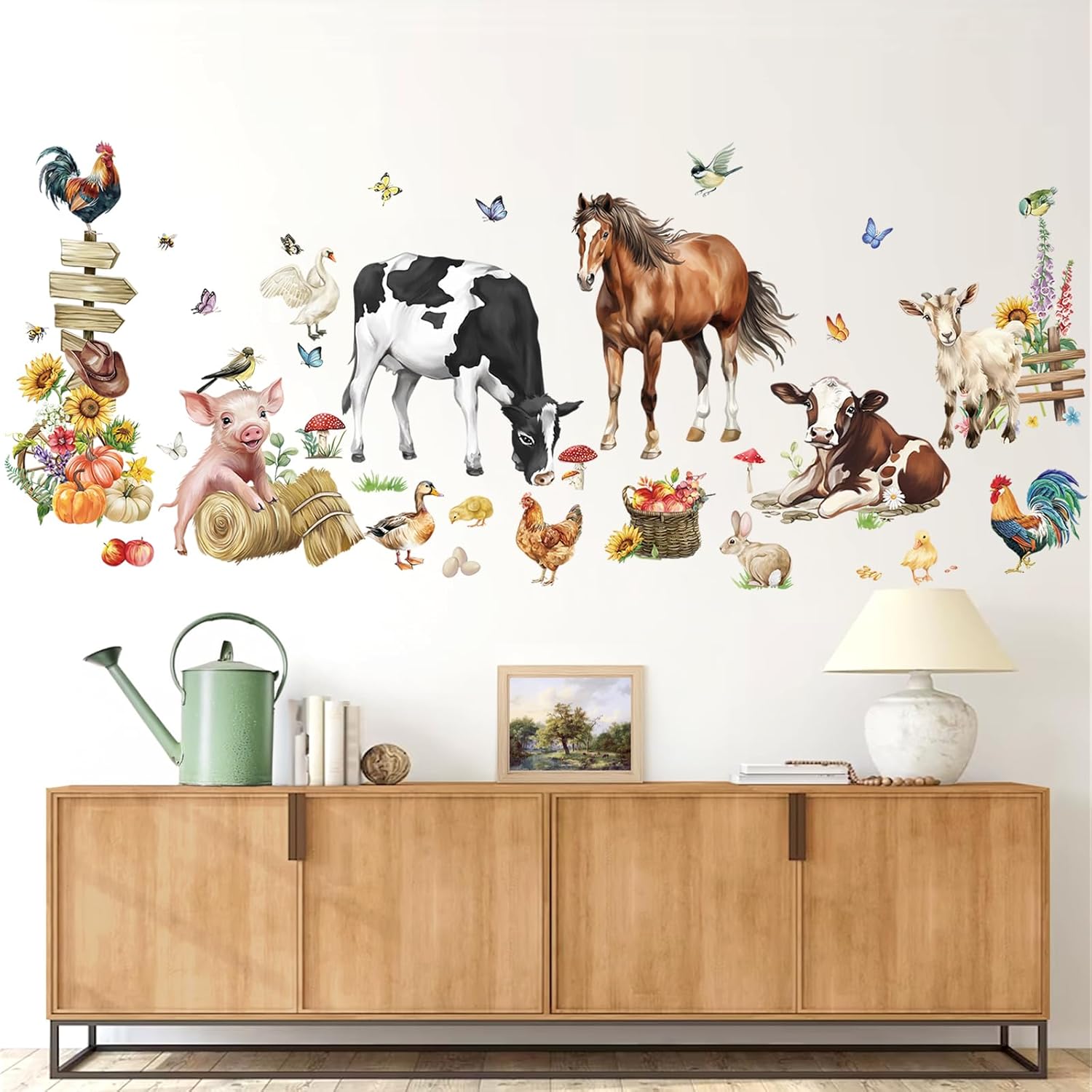 wondever Farm Animals Cow Horse Wall Decals Farmhouse Roosters Peel and Stick Wall Art Stickers for Kitchen Dining Room Kids Room