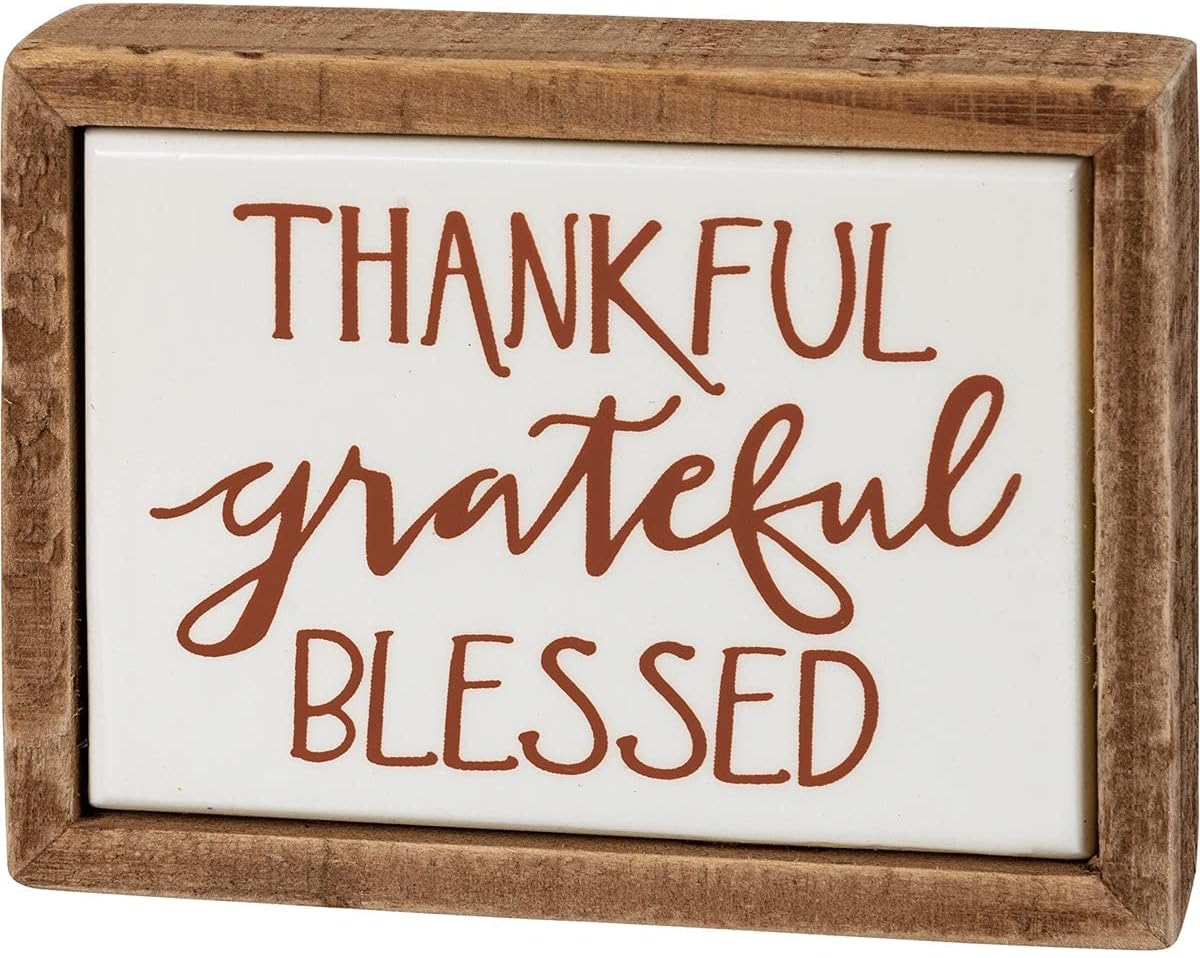 Primitives by Kathy Thankful Grateful Blessed Farmhouse Wood Sign, 4x3 Inches