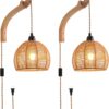 Plug in Wall Sconce,Farmhouse Wicker Wall Lamp Plug in,Hand Woven Rattan Wall Light Farmhouse Rustic Boho Sconces Wall Lighting for Living Room Bedroom