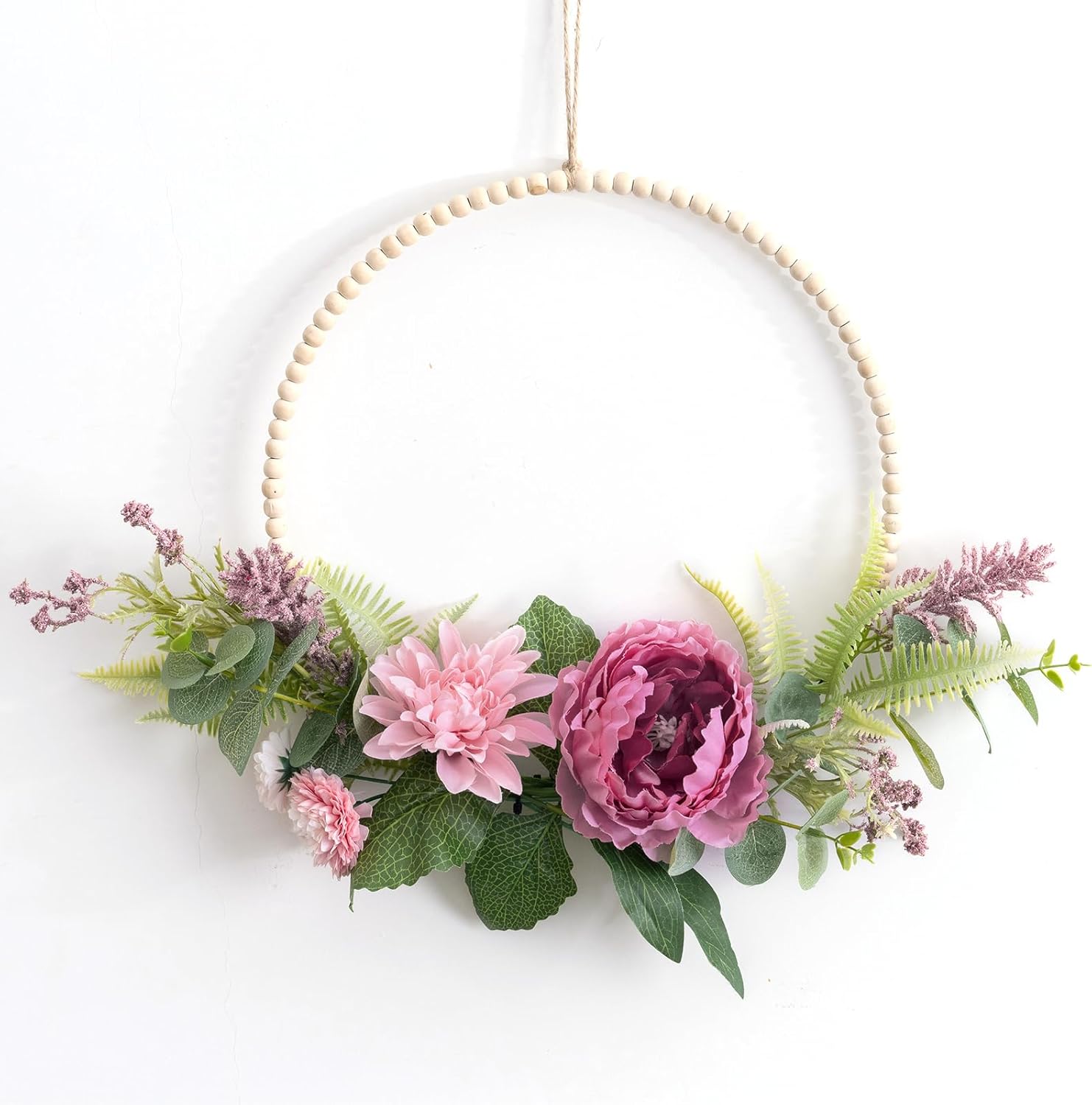 Weldomcor Peony Wreath for Front Door, Spring Summer Decor with Wood Bead Pink Dahlia Flower Eucalyptus Leaves Floral Hoop Wreath for Home Wedding Wall Window Indoor Outdoor Hanging Decoration
