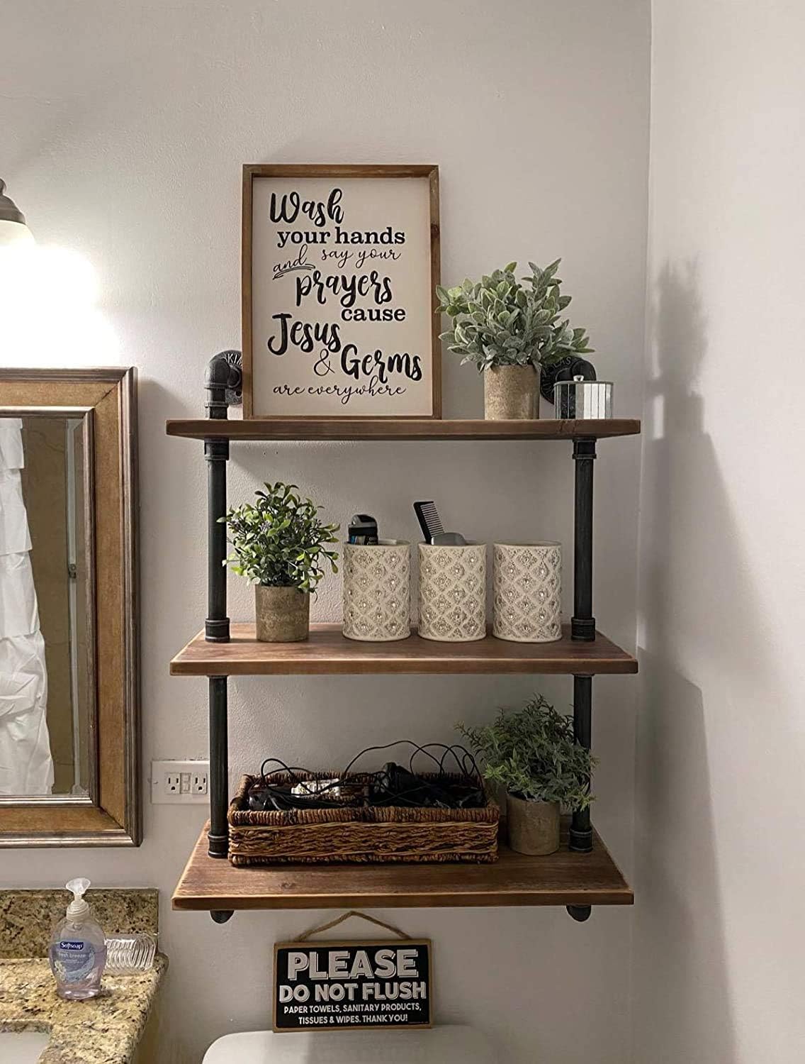 Industrial Pipe Shelving Bookshelf Rustic Modern 24" Wood Ladder Storage Shelf 3 Tiers Retro Wall Mount Pipe Design DIY Shelving