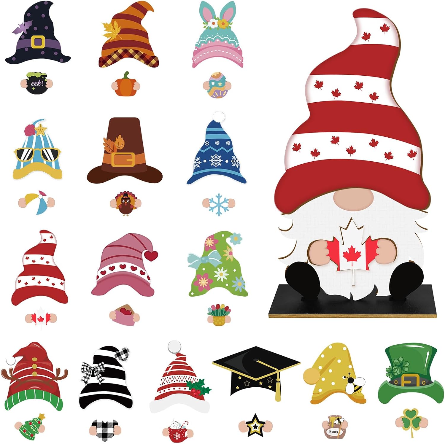 Gnome Interchangeable Wooden Decor,Seasonal Holiday Gnome Decoration with Magnet Pieces 15 Changeable Hats and Signs for Tiered Tray, Shelf, Table, Home Display