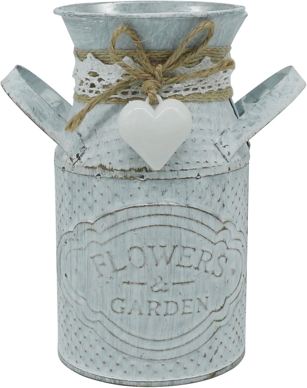 CVHOMEDECO. Primitives Vintage Mini Jug Vase Metal Milk Can with Tied Heart, Chic Rustic Flower Planter for Garden and Home Dcor. 5 X 3 X 5-3/4 Inch