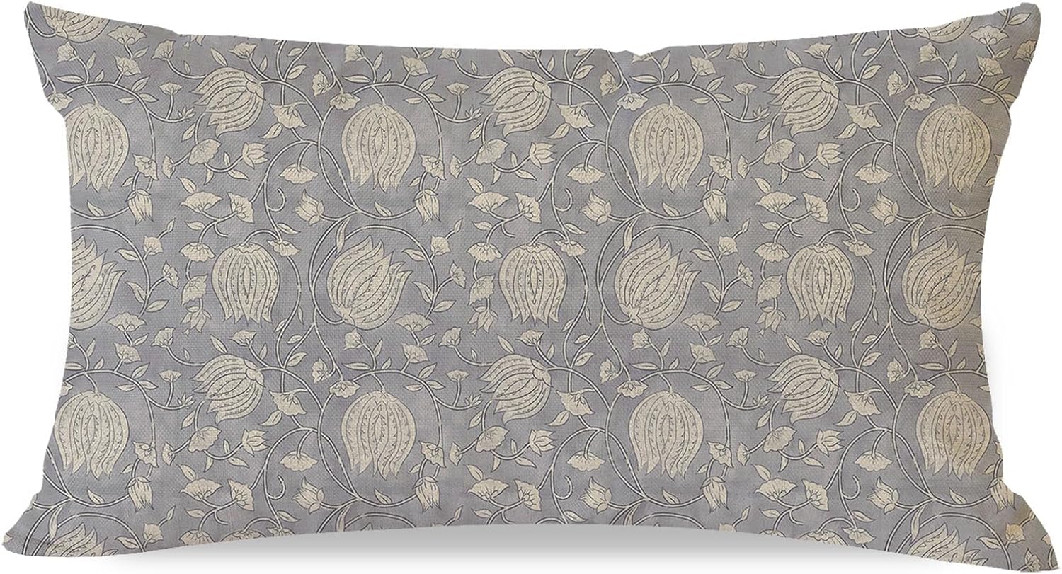 HERHOME Vintage Floral Block Print Lumbar Decorative Throw Pillow Covers 12x20 Inch Blue Outdoor Cottagecore Farmhouse Decor Cushion Cases Country Home Decorations for Living Room Bedroom Sofa Couch
