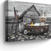 Farmhouse Dog in Bathtub Canvas Wall Art Cute Dog Pictures Wall Decor Bathroom Decor Wall Art for Farmhouse Animals Bathroom Tub Prints Black and White Dog Artwork Framed 16"x24"