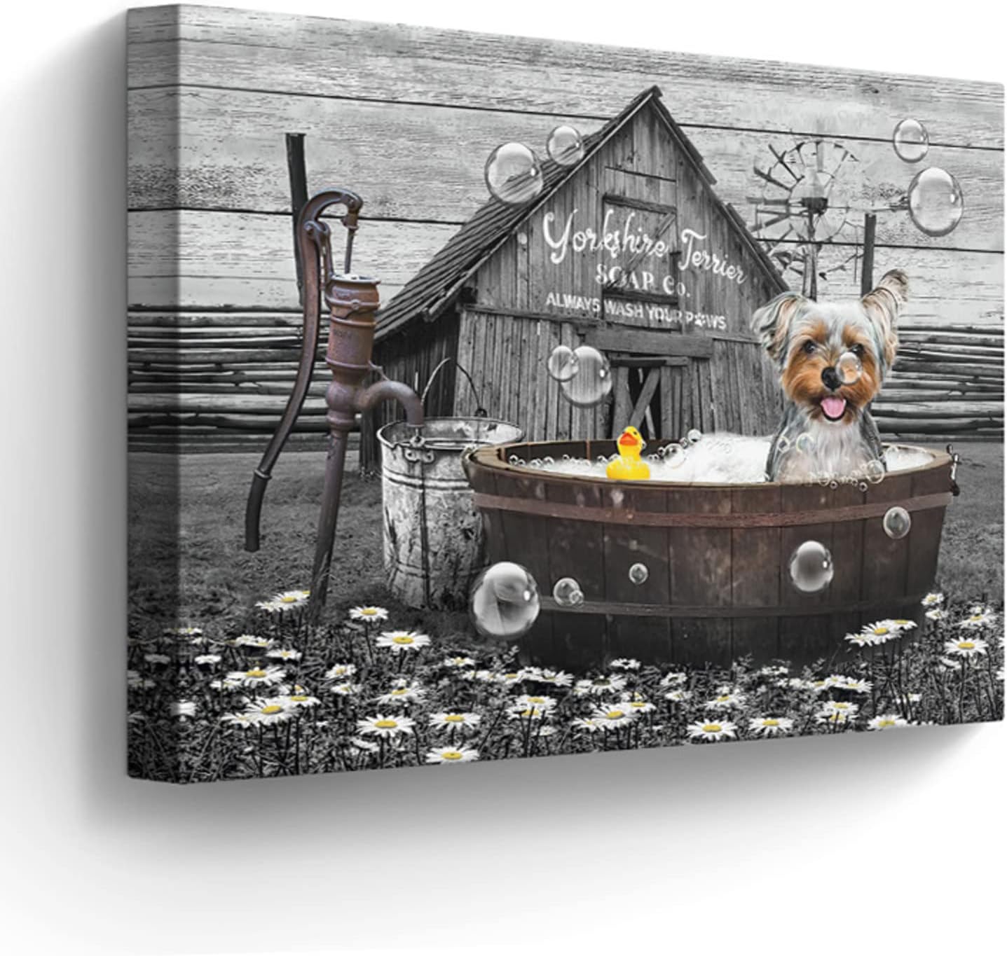 Farmhouse Dog in Bathtub Canvas Wall Art Cute Dog Pictures Wall Decor Bathroom Decor Wall Art for Farmhouse Animals Bathroom Tub Prints Black and White Dog Artwork Framed 16"x24"