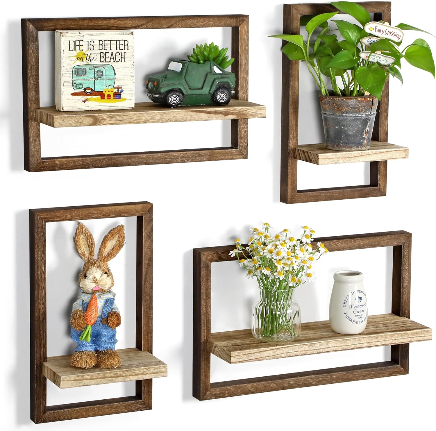 DifferTemp Floating Shelves Wall Mounted Bathroom Shelf Rustic Farmhouse Wall Shelves for Living Room, Bedroom, Bathroom, Kitchen, Plants, Wall Decor, Wood Shelves Set of 4, Brown