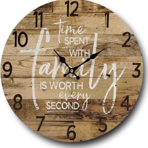 Round Farmhouse Wall Clock - 13 Inch  Decorative Wood Style Quartz Battery Operated Rustic Home Decor Vintage Decoration Retro Design for Living Room Kitchen Bedroom Bathroom Large Numbers Silent