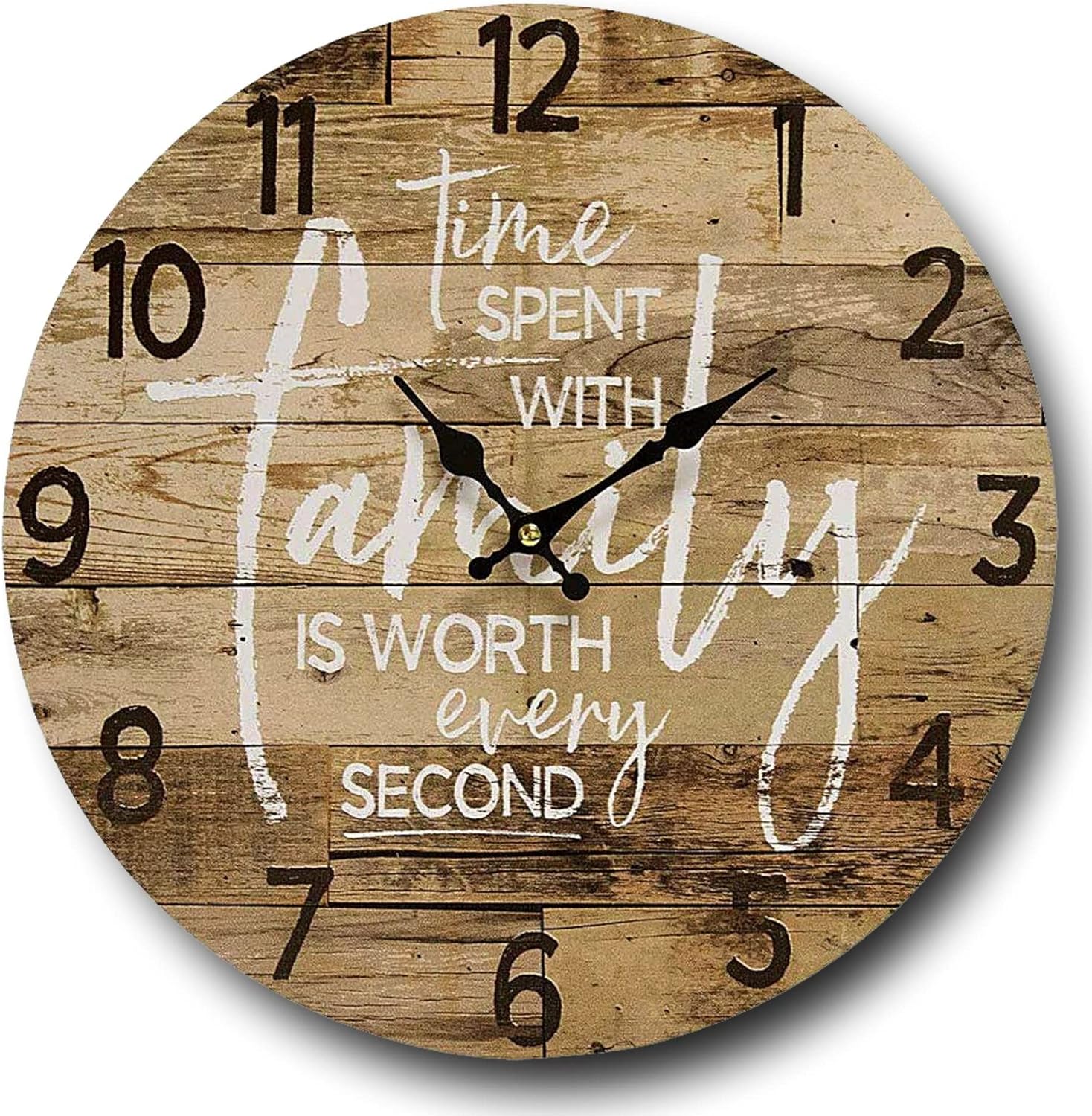 Round Farmhouse Wall Clock - 13 Inch  Decorative Wood Style Quartz Battery Operated Rustic Home Decor Vintage Decoration Retro Design for Living Room Kitchen Bedroom Bathroom Large Numbers Silent
