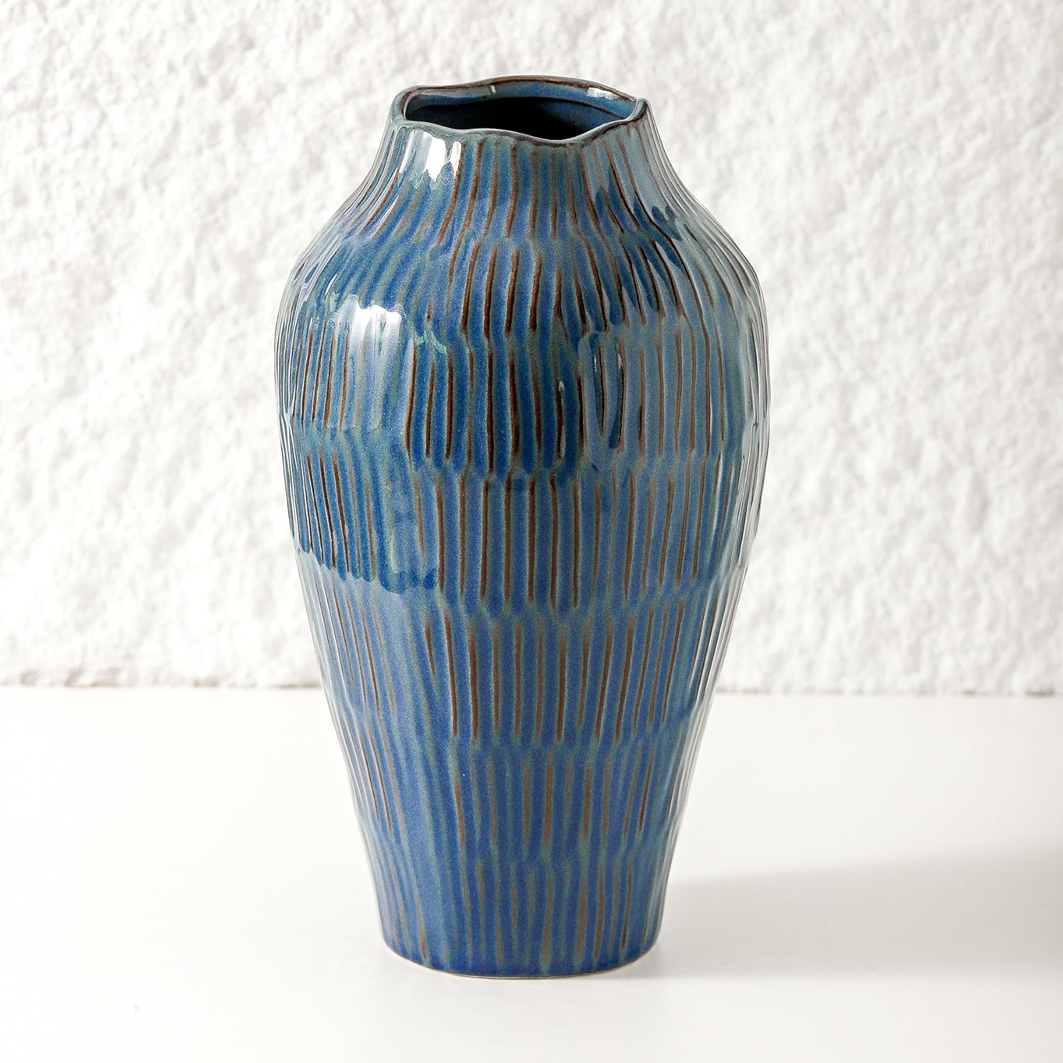 Uiddo Blue Ceramic Vase for Home Decor,11.6 Inch Flower VaseDecorative Blue Vase for Pampas GrassModern Art Texture Vase for Home Entryway Living Room Dining Table Farmhouse Office Decor-Blue